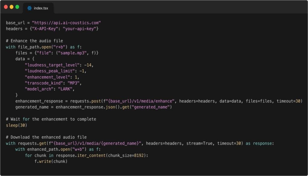 Screenshot of ai|coustics' API code for audio processing, showing the API integration with token authentication and audio data processing.